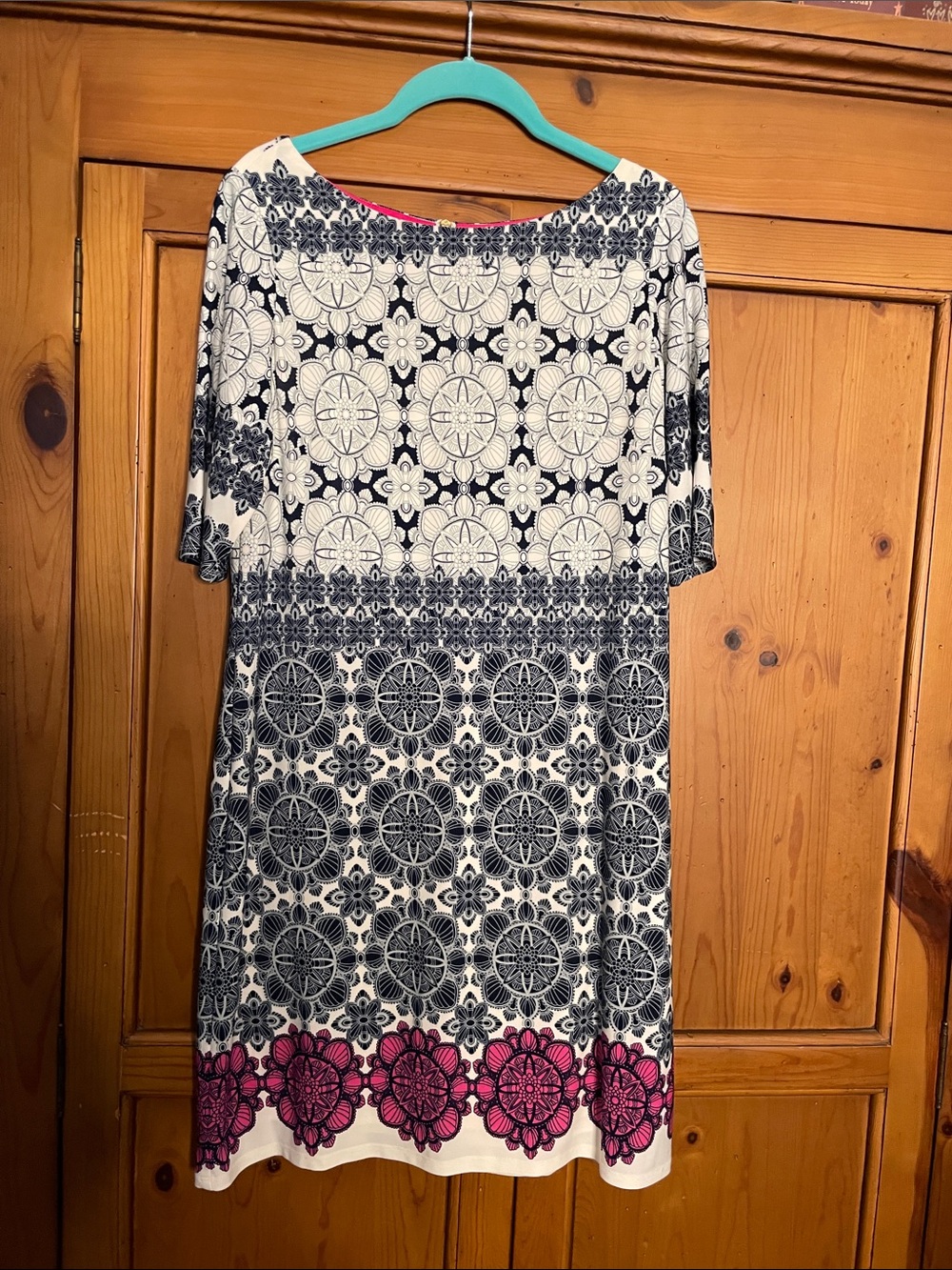 Eliza J Navy and Pink Tile-Pattern Midi Shift Dress
